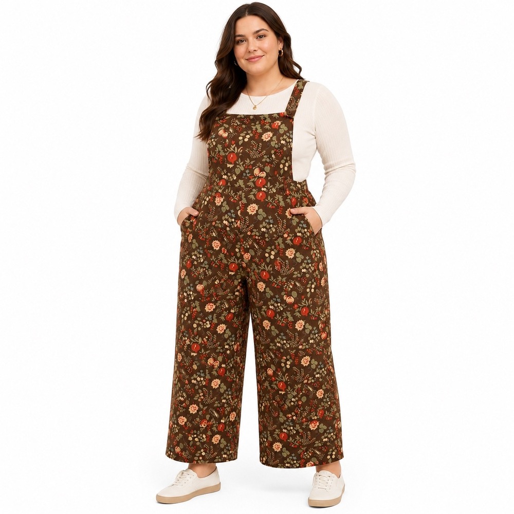 Cider Lightweight Floral Pocket Wide Leg Jumpsuit Fruit Corduroy Overalls 2XL